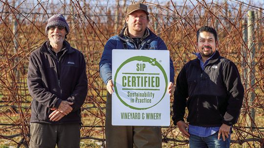 Bel Lago and its sister winery French Valley has earned SIP (Sustainability in Practice) Certification from the State of Michigan. Pictured from left are Charlie Edson, head winemaker Blake Lougheed and Tomas Moreno, foreman. Courtesy photo