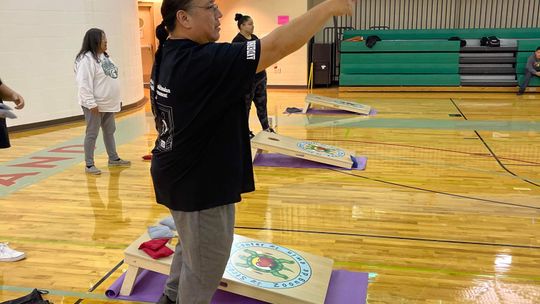 David Anderson, pictured here at the Strongheart Gym during the games last year, is organizing another nine week-long corn-hole league (Mandaamini-Mashkimodan Apagidoon League) starting Wednesday, September 11 for the fall season.  Courtesy photo