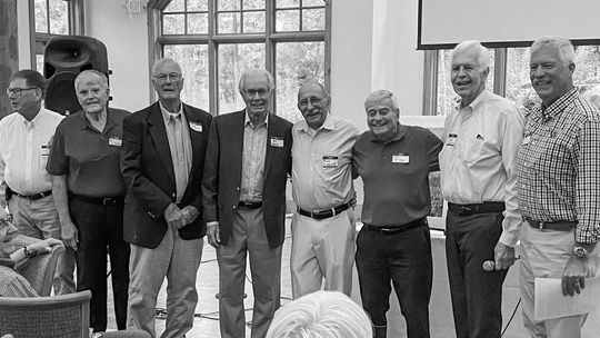 The picture at the banquet shows, from left, incoming vice-president John Bruder; food manager Bill Freeman; treasurer Dave Baldwin; recruitment manager Bill Batterson; communications manager Frank Sciannella; secretary Jim McCabe; incoming club president Jerry Peterson and retiring presid...