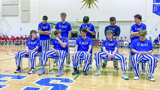 St. Mary seniors (from left to right, front row) Carter Wolf, Jerry Schaub, James Licht, Eli Kelenske, and Luke Gallagher. Courtesy photo