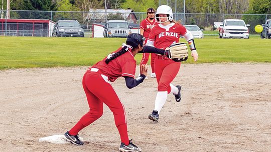Suttons Bay third baseman Keke Williams secure the out at third for the Norse in a game against Benzie on Tuesday. Photo courtesy of Trudy Galla