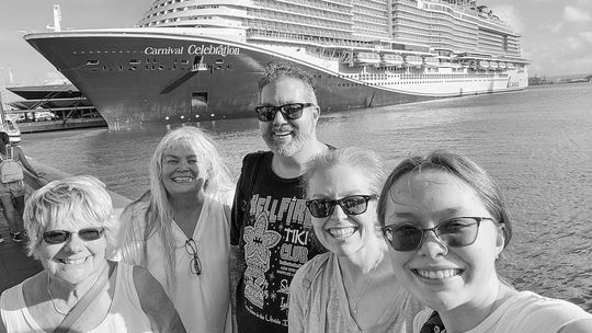Five Omena residents enjoyed a sunny Caribbean cruise in January that they won at the DJ Trivia District Championship last spring. Pictured, from left to right, are Joanne Brown, Nancy Groesser, Dan Duffiney, Chrysti Duffiney, and Emaleigh Duffiney. Photo by Chrysti Duffiney