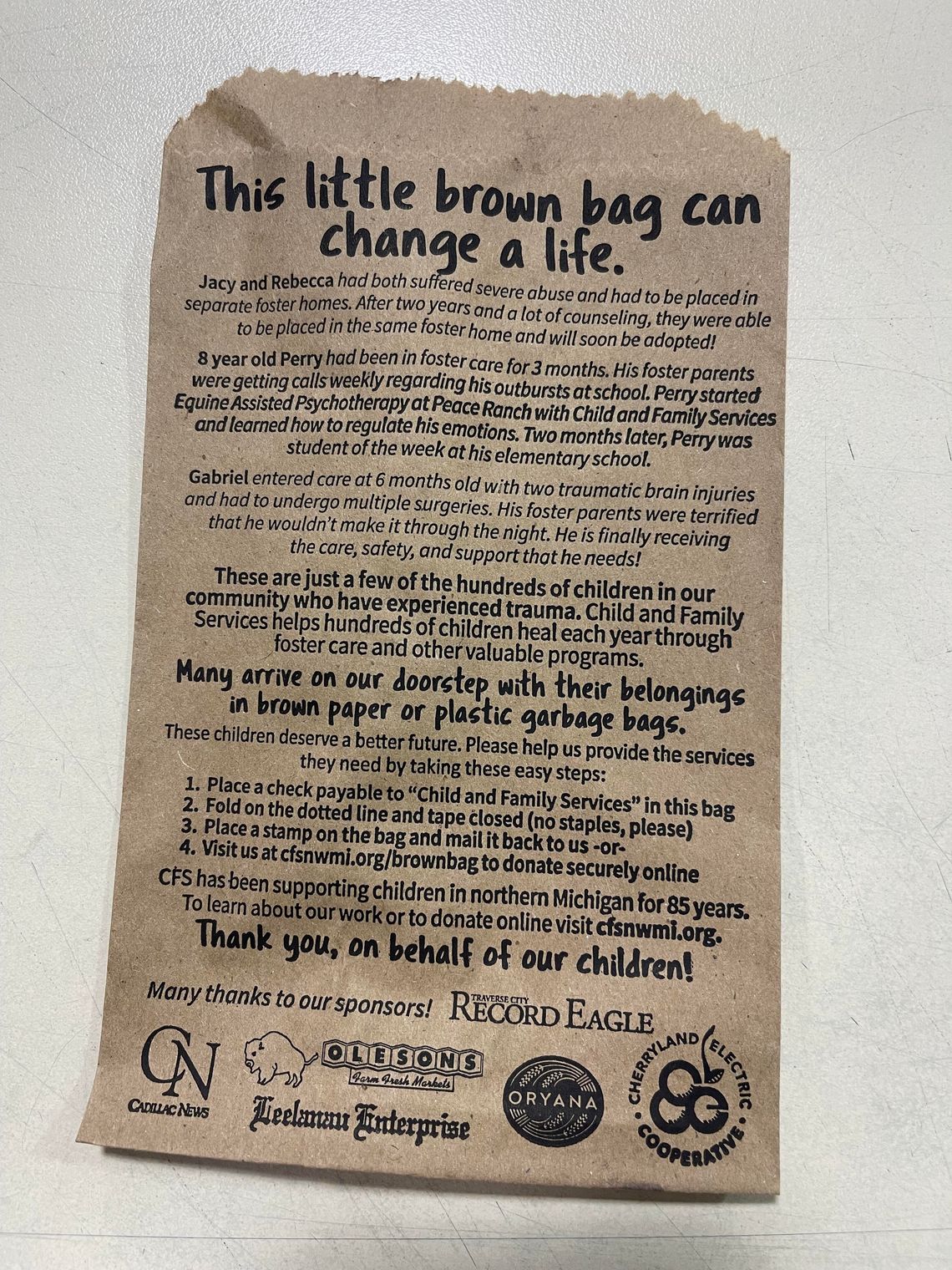 Child and Family Services helps hundreds of children heal each year through foster care and other valuable programs. The annual brown bag campaign raises funds to continue providing opportunities and services to youth in need.   Enterprise photo by Meakalia Previch-Liu