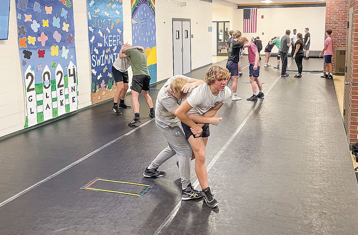 Glen Lake wrestlers practice in the “Dojo” during its first season back as a prep sport. The Lakers ended the 2023 calender year by competing in its first two wrestling tournaments in over 20 years. Enterprise photo by Brian Freiberger