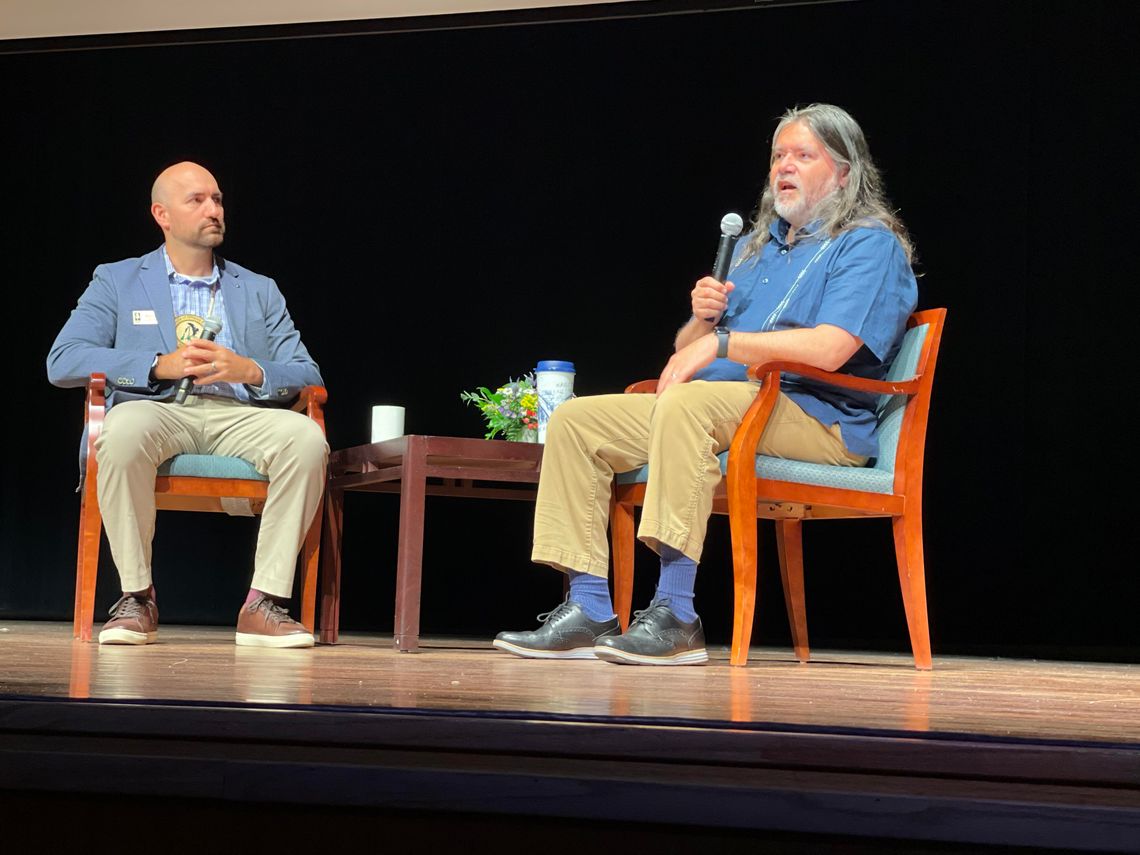 International Affairs Forum advisory board member Mark Wilson (left) moderated the May 16 discussion about indigenous sovereignty with Matthew Fletcher (right), a Harry Burns Hutchins Collegiate Professor of Law at Michigan Law School. Fletcher shared his insight about the background of tr...