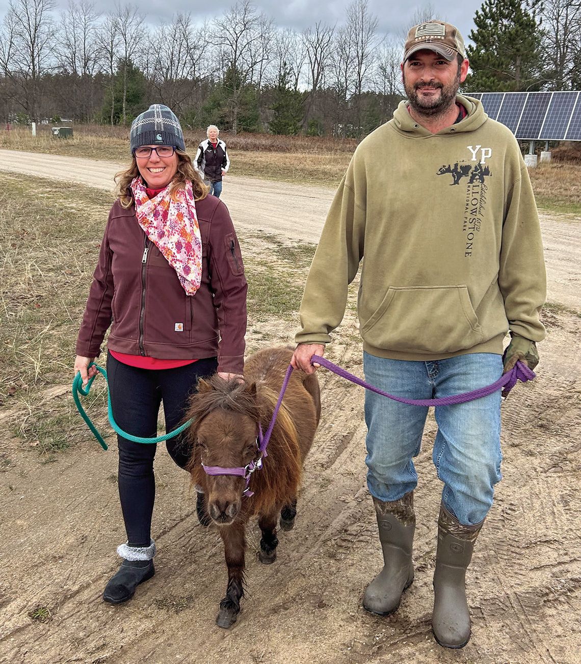 Michele Morris, caretaker of Lorelei and founder of Empire Hills Farm, is pictured reunited with the mini pony on Sunday. Good friend Kevin Crouch also showed up on Sunday to support the pony search efforts. Courtesy photo