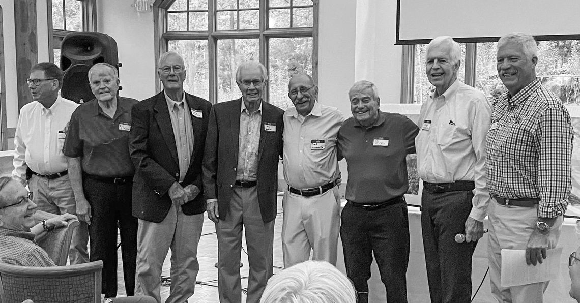 The picture at the banquet shows, from left, incoming vice-president John Bruder; food manager Bill Freeman; treasurer Dave Baldwin; recruitment manager Bill Batterson; communications manager Frank Sciannella; secretary Jim McCabe; incoming club president Jerry Peterson and retiring presid...