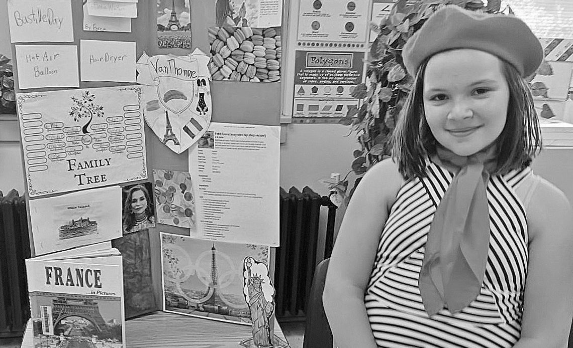 St. Mary fourth grader Aubrey VanThomme St. Mary fourth grader Aubrey VanThomme researched her family history and culture as part of the school’s annual Ancestry Day last week. She chose France in honor of her family history, researching it and reporting her findings through interactive displays. Students create a family tree, l...