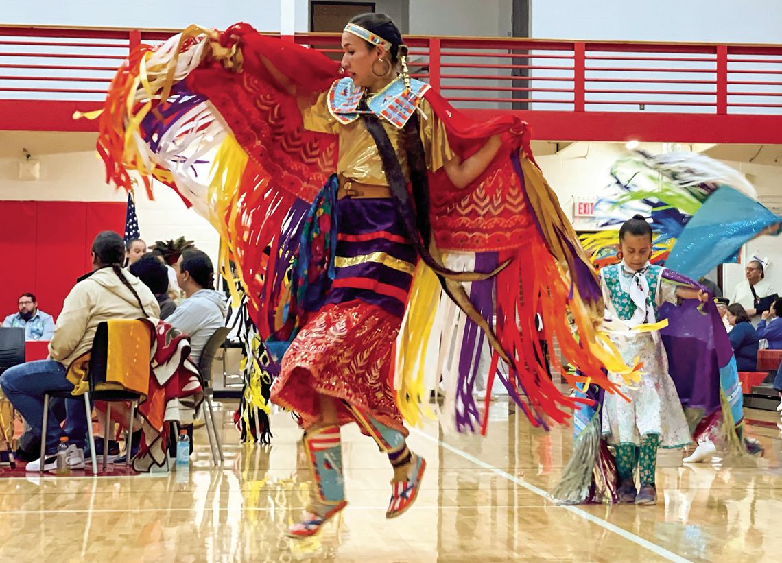 Suttons Bay Public School senior and head female dancer Keeley TwoCrow is pictured at the district’s annual graduation powwow on Saturday. More tribal news on pages 7-9. Enterprise photo by Meakalia Previch-Liu