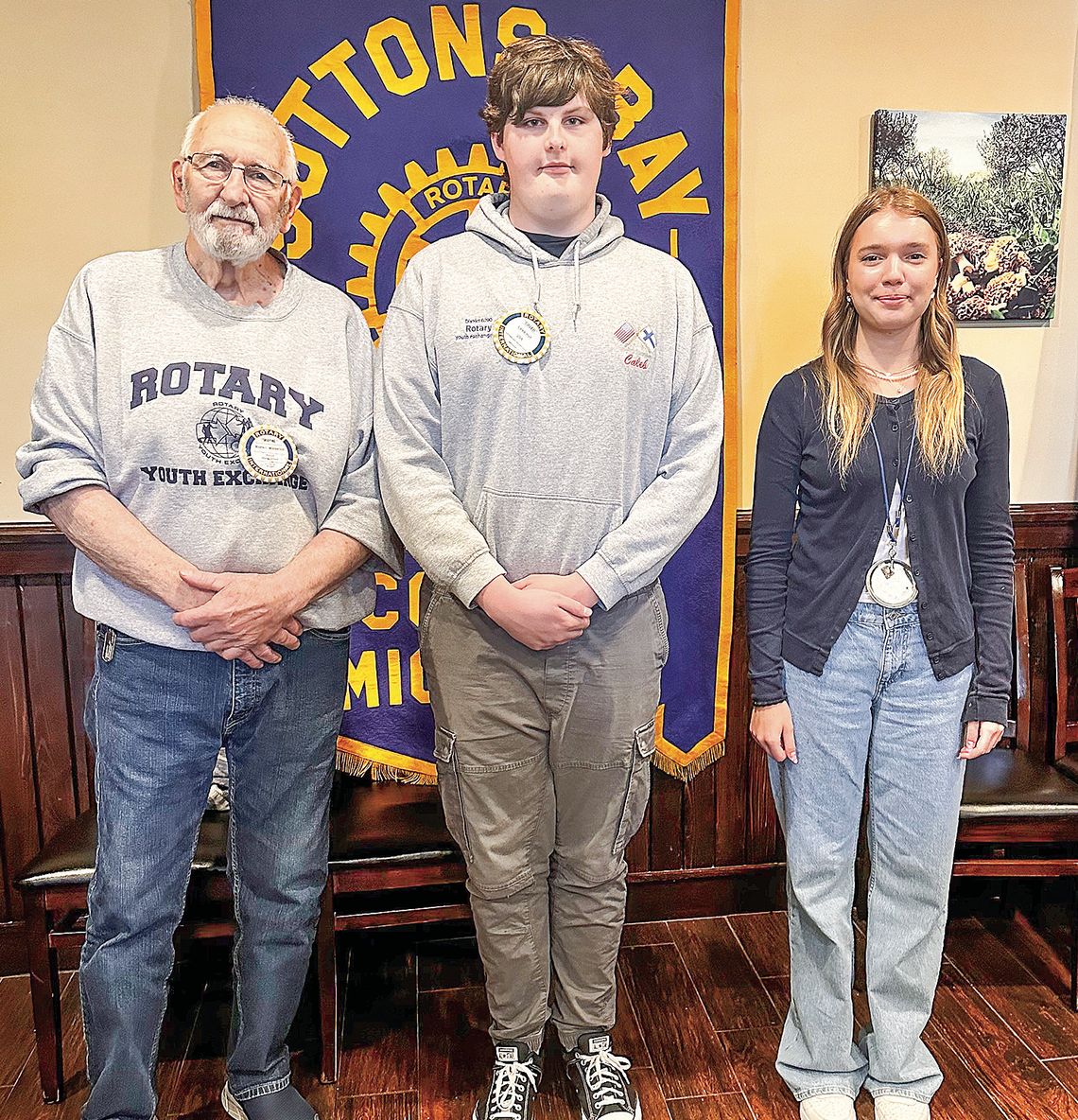 The Suttons Bay-Leelanau County Rotary The Suttons Bay-Leelanau County Rotary said goodbye to outbound exchange student Rebeccca Nieberg and welcomed Caleb Hall, who just returned from a year abroad in Finland. Pictured from left are: Youth Exchange officer Wayne Wunderlich, Hall and Nieberg. Enterprise photo by Amy Hubbell